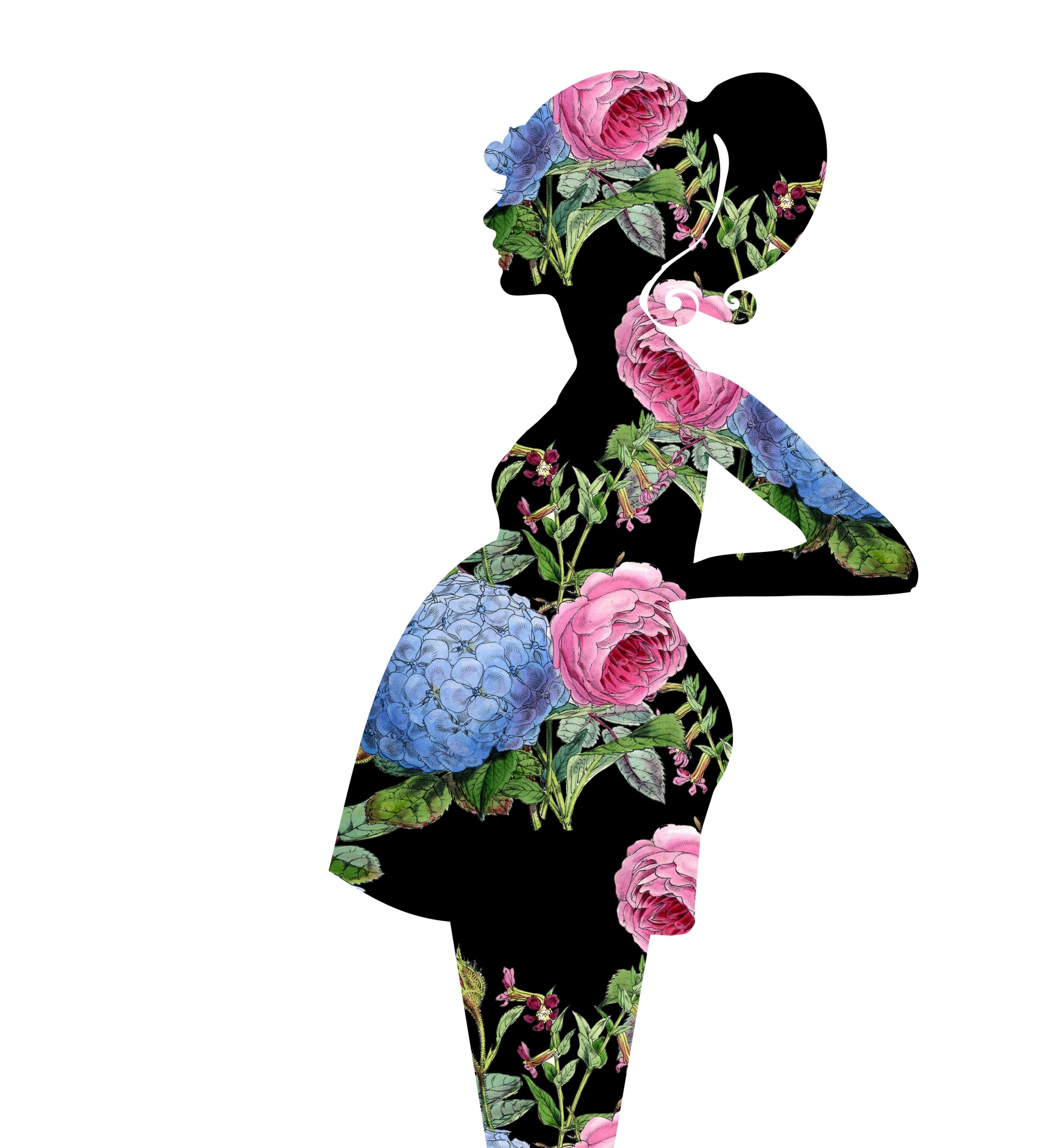 Floral silhouette of a pregnant woman, representing beauty and protection